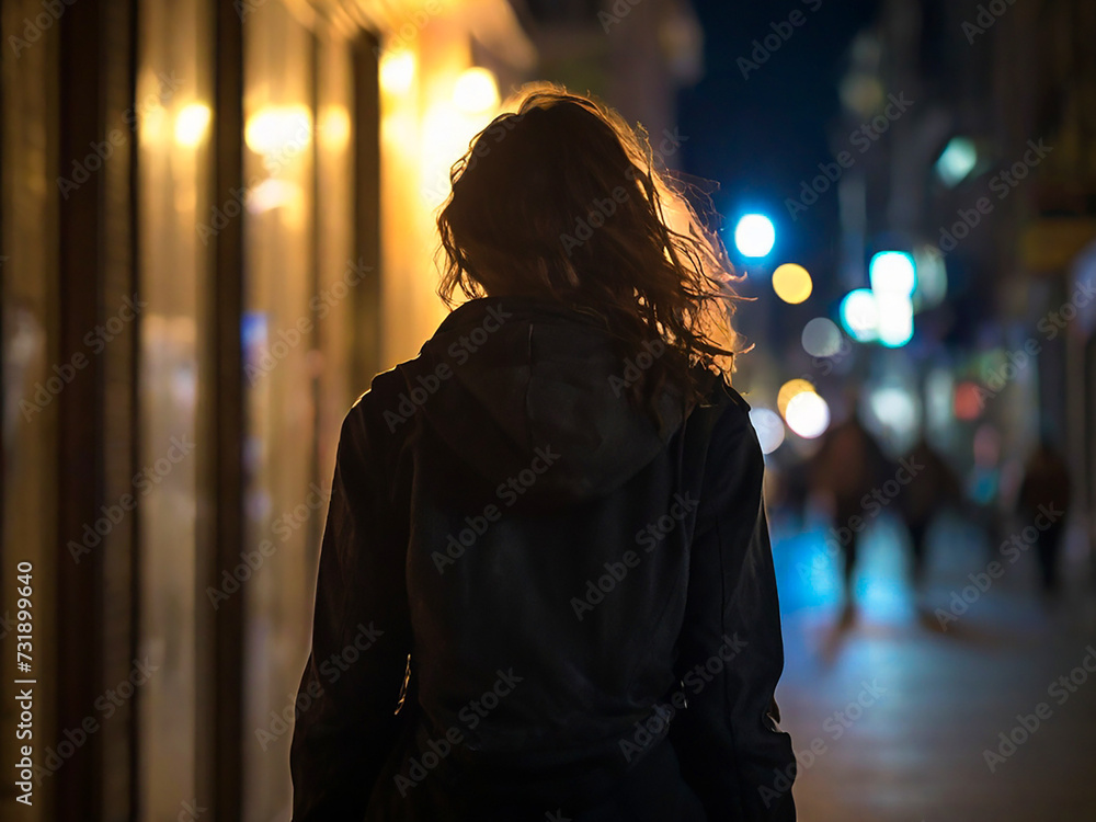 A woman is afraid in the early evening darkness, in a city