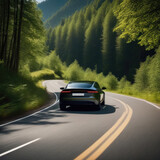 Electric Vehicle. electric car is driving on a winding road that runs through a verdant forest and mountains