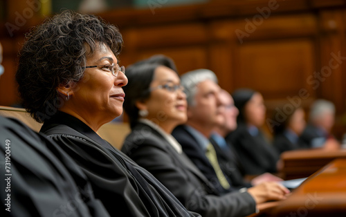 A group of jurists, composed and attentive, wearing traditional black judicial robes, sit in a courtroom, exuding a sense of authority and respect for the law photo