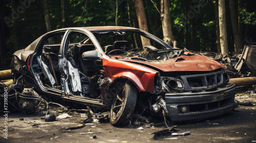 Crashed car in a serene forest backdrop: smoke rising.  Wrecked vehicle symbolising the impact of accidents on nature. Tragic beauty in destruction. © David