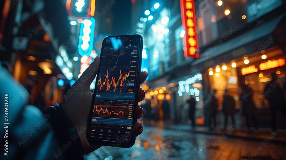Person holding smartphone and checking stock market stock trading, trading app on mobile phone with chart in front, a woman holding up a cell phone, with stock market information on display Person holding smartphone and checking stock market stock trading, trading app on mobile phone with chart in front, a woman holding up a cell phone, with stock market information on display