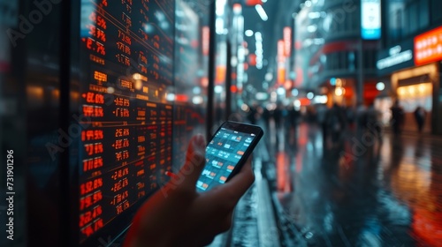 Person holding smartphone and checking stock market stock trading, trading app on mobile phone with chart in front, a woman holding up a cell phone, with stock market information on display