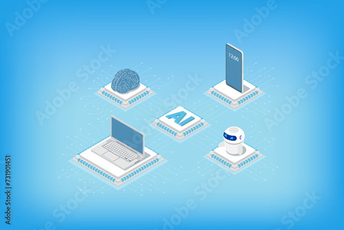 Isometric artificial intelligence. Digital neural network of the brain, artificial intelligence servers and robotics, artificial intelligence bots and intelligent robotic buildings.
