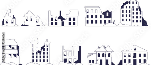 Set of destroyed buildings and houses. Ruins of the city.