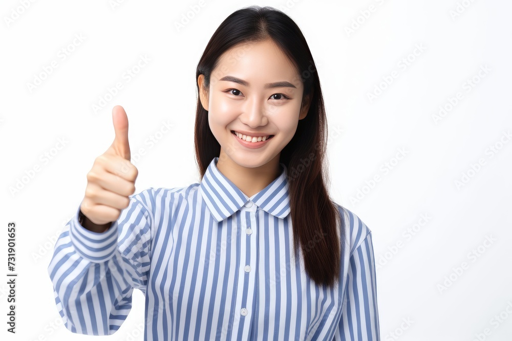 A woman smiling and raising her thumb in a positive gesture to show approval. A woman smiling and raising her thumb in a positive gesture to show approval.
