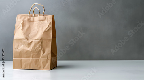 Brown paper bag on white table and grey wall background, copy space, your product name place.  photo