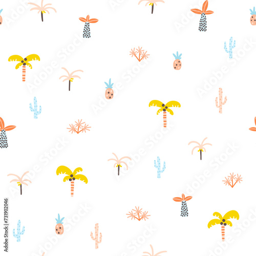 Tropical jungle seamless pattern. Palm trees and plants in a simple hand-drawn Scandinavian doodle style. Nursery pastel palette for printing baby clothes  textiles fabrics. Vector cartoon background