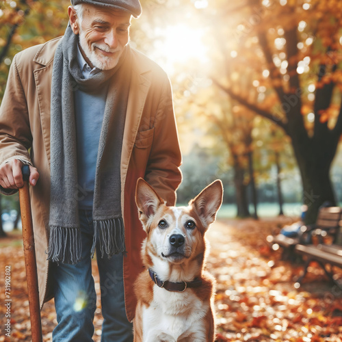 Anciano paseando perro en el parque