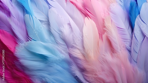 Closeup detail of soft silk pastel pink blue colored feathers, top view.