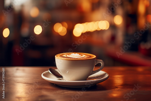 Cup of coffee with intricate design on the corner of the table with saucer blurred coffee shop in the background  warm cozy lighting