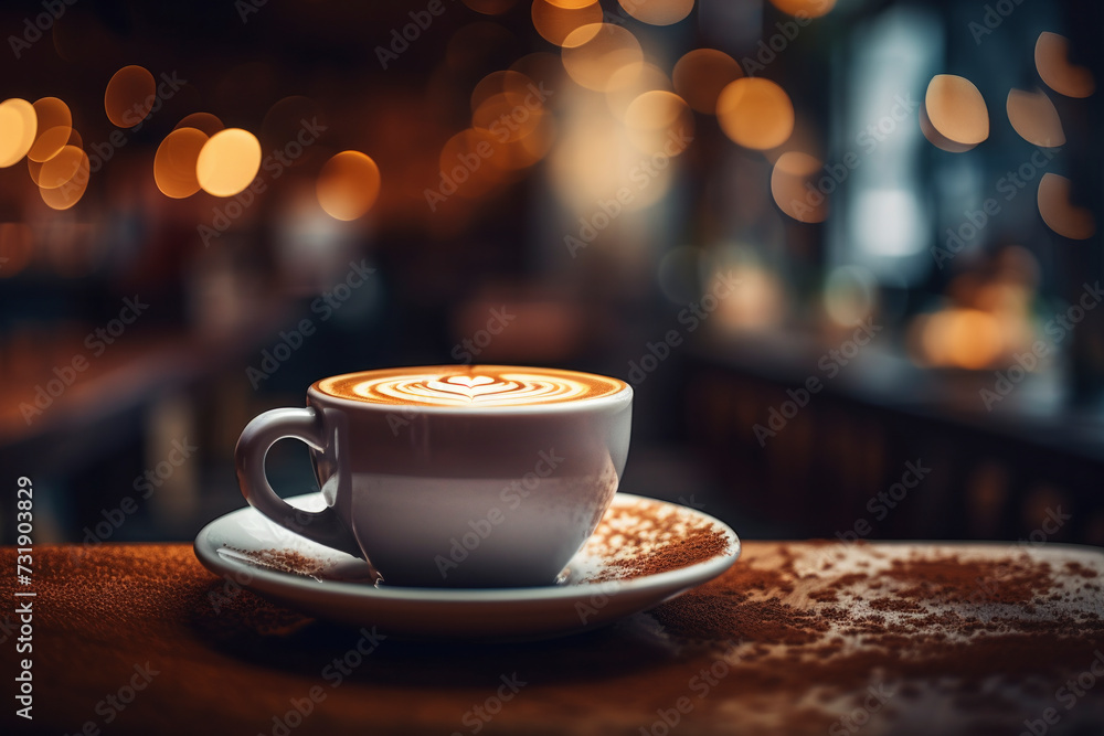 Cup of coffee. Elegant coffee cup with intricate design on a table, bathed in warm cozy lighting. A stylish escape in a blurred coffee shop background. Cup of coffee. Elegant coffee cup with intricate design on a table, bathed in warm cozy lighting. A stylish escape in a blurred coffee shop background.