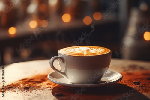 Cup of coffee with intricate design on the corner of the table with saucer blurred coffee shop in the background  warm cozy lighting