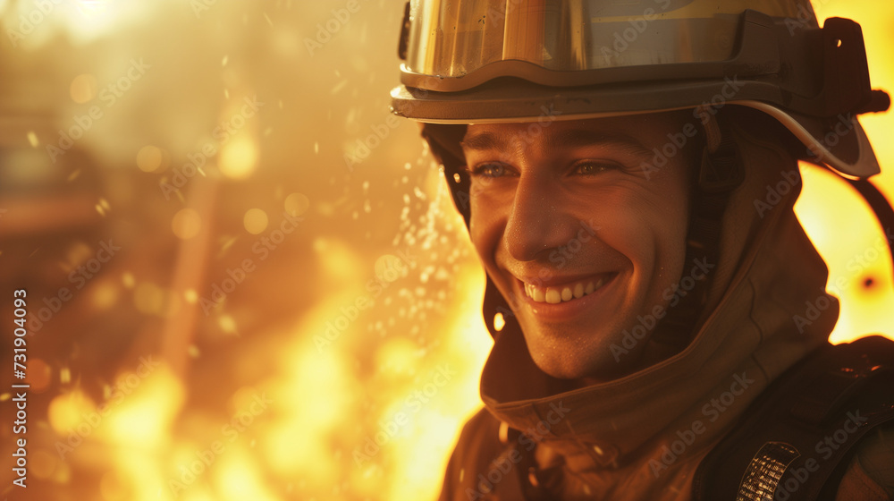 firefighter in a dangerous situation is smiling, surrounded by fire and smoke firefighter in a dangerous situation is smiling, surrounded by fire and smoke