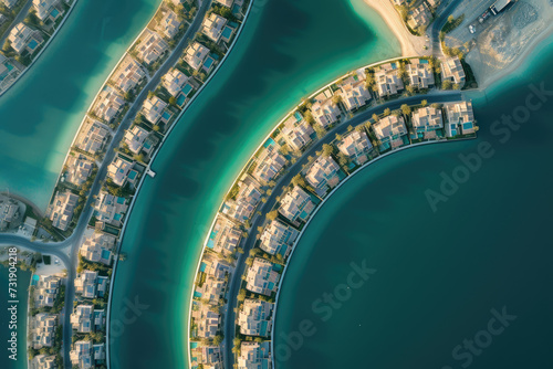 Aerial view of Dubai Palm Jumeirah island, United Arab Emirates photo