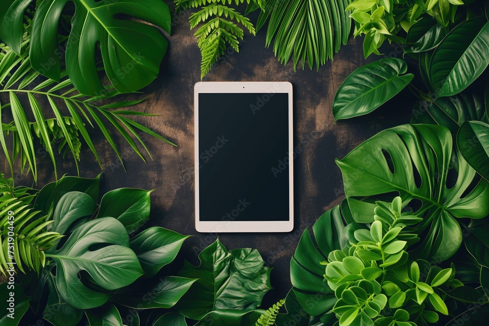 Mockup - Blank tablet lies on the table framed with green plants