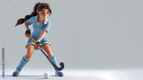 A woman cartoon field hockey player in blue jersey with a stick