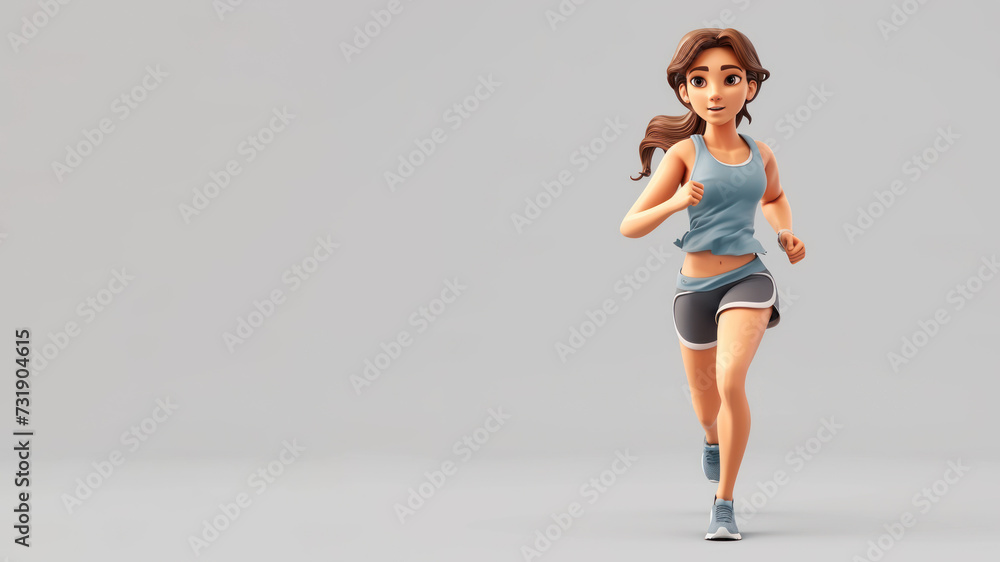 A woman cartoon athletic run in blue jersey isolated on gray