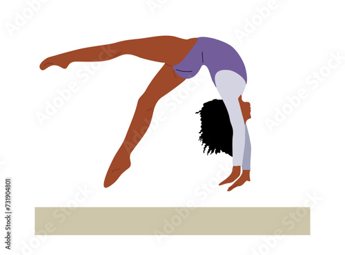 Girl gymnast doing exercise on balance beam. Performance of artistic gymnast at competition. Young black Sports woman in sports colorful swimsuit. Vector illustration isolated on white background.