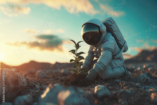 Astronaut growing plant, agriculture and farming on alien planet © Kien