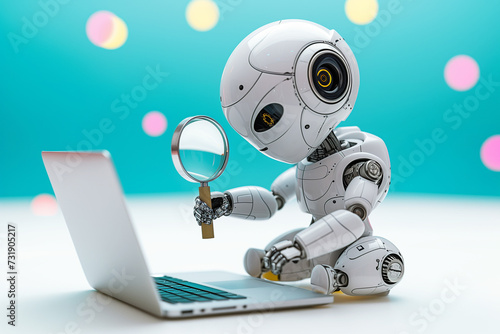 A small robot holds a magnifying glass and look at the laptop, Ai detect concept, searching, and training technology