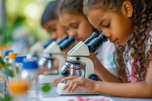 Diverse female students use microscopes in science class  focused on experiment  colorful samples  educational discovery  concentration visible. Girls in science education  engaging with microscopes