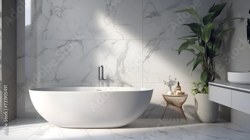 A serene bathroom featuring a white oval bathtub against marble tiles  with natural light and decorative greenery.