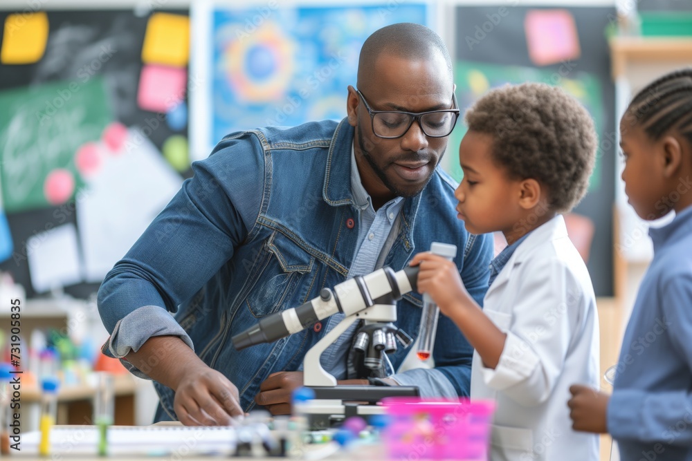 African American male teacher with child in science lab, sharing a joyful learning moment, educational engagement, discovery. Smiling teacher and student in lab, experimenting together
