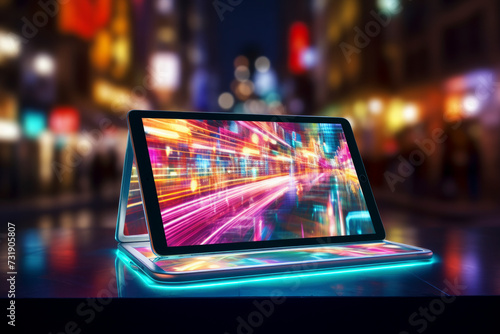 Futuristic graphic tablet, vibrant with neon hues, symbolizing the synergy of digital creativity and urban energy—a modern masterpiece for design professional