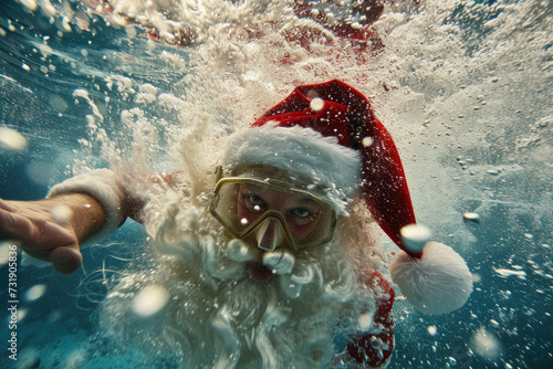 close view of Santa Claus diving and swimming underwater