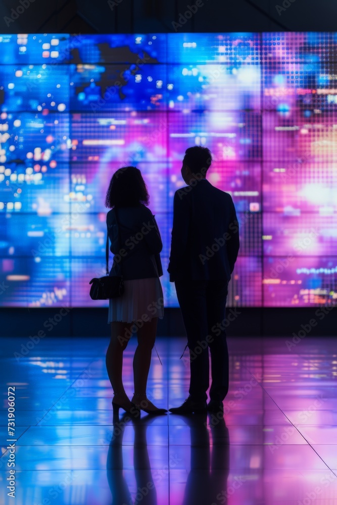 businesspeople stand in front of a large flat screen video board, in the style of mix of masculine and feminine elements,  light indigo and pink, 

