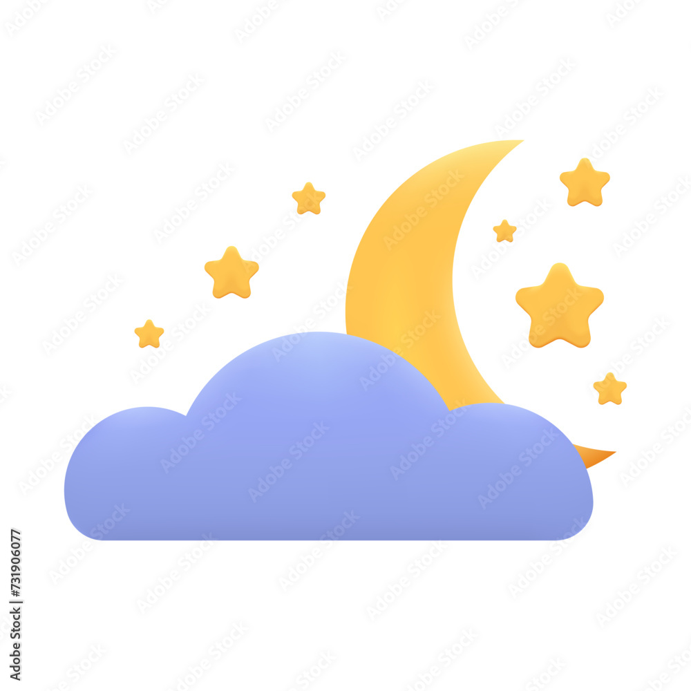 Crescent Moon with Stars and Cloud. 3D Icon. Dream, Lullaby, Dreams Background Design. Cartoon Minimal Style. Trendy Vector Realistic Illustration. Crescent Moon with Stars and Cloud. 3D Icon. Dream, Lullaby, Dreams Background Design. Cartoon Minimal Style. Trendy Vector Realistic Illustration.
