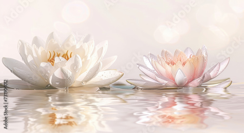 floating white lotus  pastel color scheme  water drops