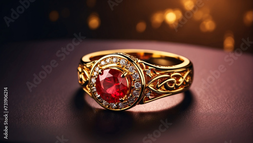 Luxurious gold engagement ring. Garnet or ruby ring. Space for text