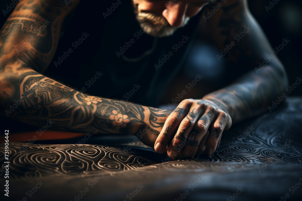 Intricate tattooed hands tell a story of individuality and modern expression. Close-up view captures the artistry and passion behind body adornment. A blend of creativity and rebellion