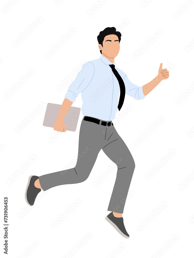 Business man character running, holding laptop and gesturing with thumb up. Excited Handsome man wearing shirt, tie showing like sign. Vector realistic illustration isolated on white background.