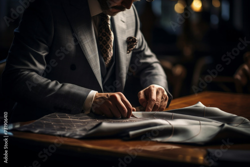 Tailor's hands intricately sewing a bespoke suit, highlighting the meticulous craftsmanship and attention to detail in the world of bespoke fashion, blurred background, cinematic feel.