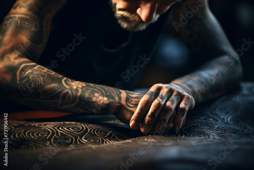 Intricate tattooed hands tell a story of individuality and modern expression. Close-up view captures the artistry and passion behind body adornment. A blend of creativity and rebellion