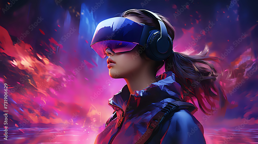 Virtual Reality Explorer in Neon Dreamscape. A digital art portrait of a woman in VR headset against a vivid neon-lit background, ideal for technology and futuristic concept themes. Virtual Reality Explorer in Neon Dreamscape. A digital art portrait of a woman in VR headset against a vivid neon-lit background, ideal for technology and futuristic concept themes.