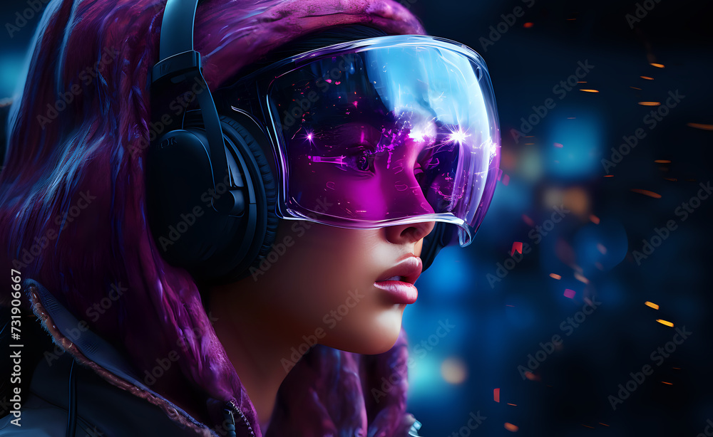 This digital artwork captures a futuristic vibe with a character wearing a pair of advanced headphones and a visor that reflects a vibrant, starry cosmos. The character's purple hair This digital artwork captures a futuristic vibe with a character wearing a pair of advanced headphones and a visor that reflects a vibrant, starry cosmos. The character's purple hair