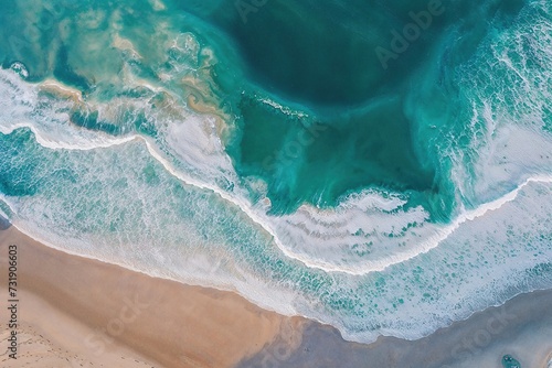 Dramatic Aerial Photograph of Waves Crashing Against the Beach. Turquoise Waters and Golden Sand, Travel Concept Background.
