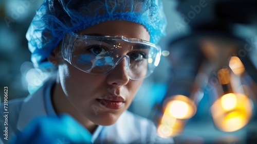 Intense female scientist wearing protective eyewear conducting research in a high-tech laboratory environment.