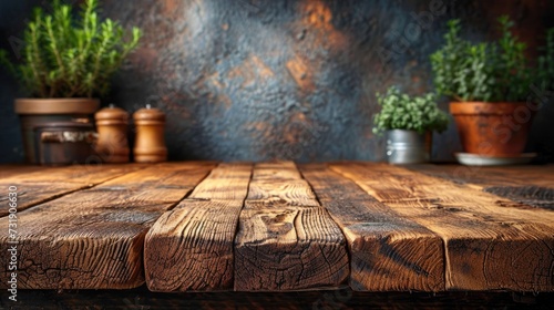 Rustic Wooden Kitchen Table with Vintage Background. photo