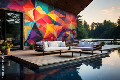Contemporary design meets nature in vibrant mural by serene lake, creating a visual feast of tranquility photo