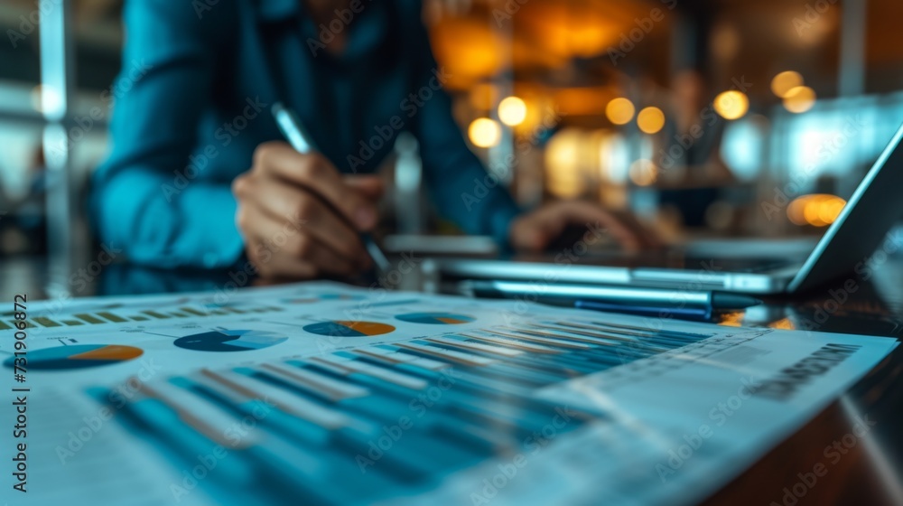 Close-up of financial charts on a table during a blurred background corporate business meeting. Close-up of financial charts on a table during a blurred background corporate business meeting.