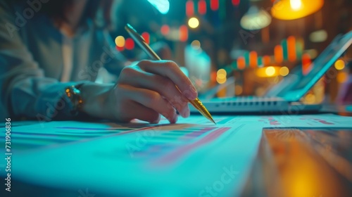 Close-up of financial charts on a table during a blurred background corporate business meeting.