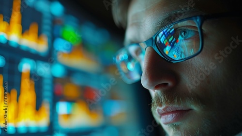 Focused financial analyst examining complex stock market data on computer screens in an office.