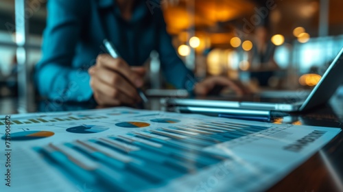 Close-up of financial charts on a table during a blurred background corporate business meeting.