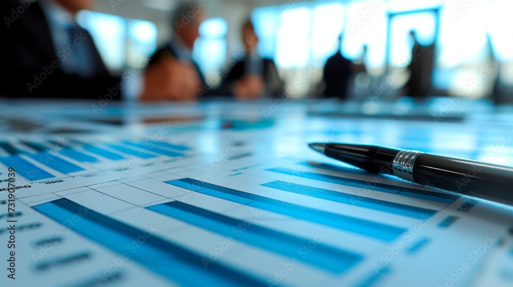 Close-up of financial charts on a table during a blurred background corporate business meeting. Close-up of financial charts on a table during a blurred background corporate business meeting.