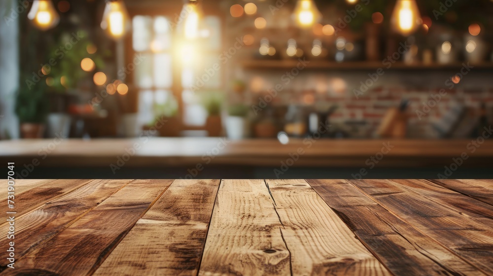 Rustic Wooden Kitchen Table with Vintage Background. - obrazy, fototapety, plakaty 