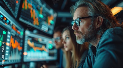 Focused financial analyst examining complex stock market data on computer screens in an office.